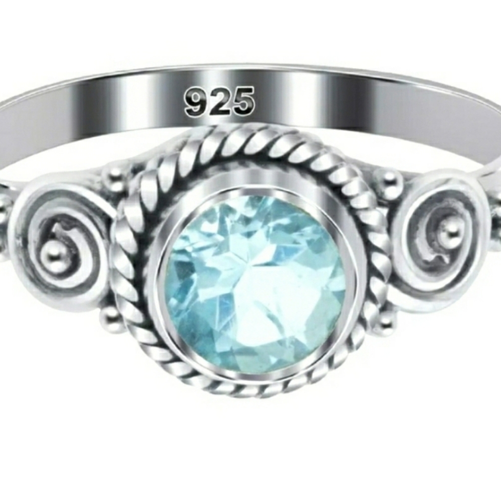 925 Sterling Silver 5mm Round Blue Topaz Ring